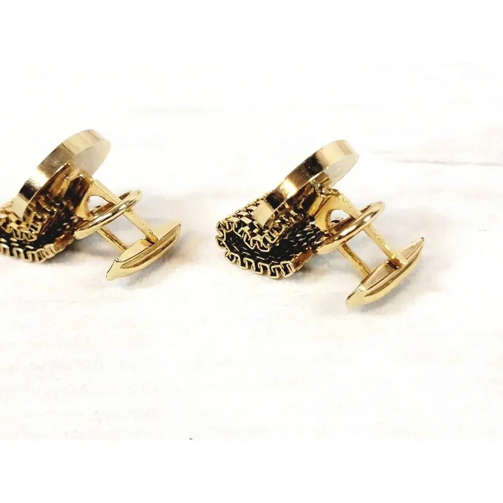 Vintage Gold Tone Round Etched CuffLinks & Classic Tie Tack Chain Clip